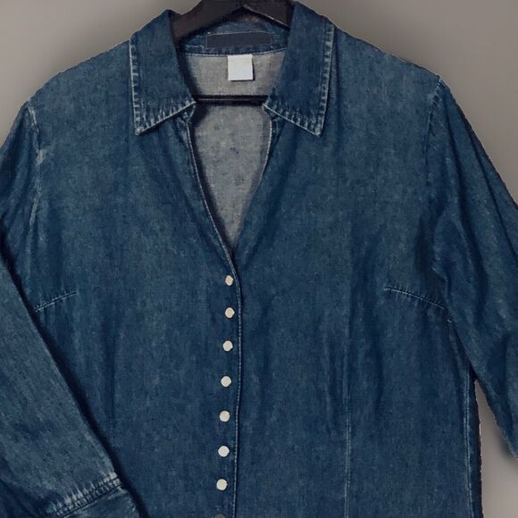 VTG Maggie & Max S Denim Shirt Blue Shacket Womens Pearl Snap L/Sleeve Collared - Picture 2 of 10